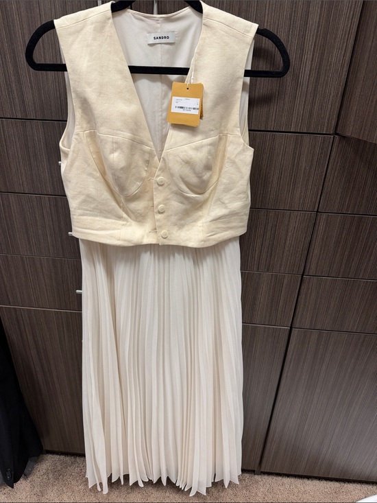 Sandro Dresses & Skirts - Sandro Cream Pleated Midi Dress with Tailored Vest Bodice